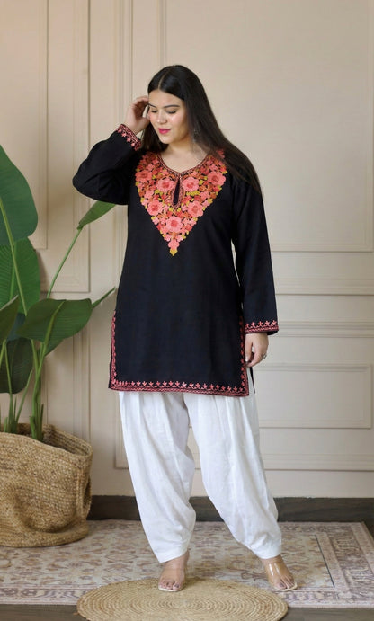 Blush Glow Black Kashmiri Aari Embroidered Fine Cashmilon Short Kurti