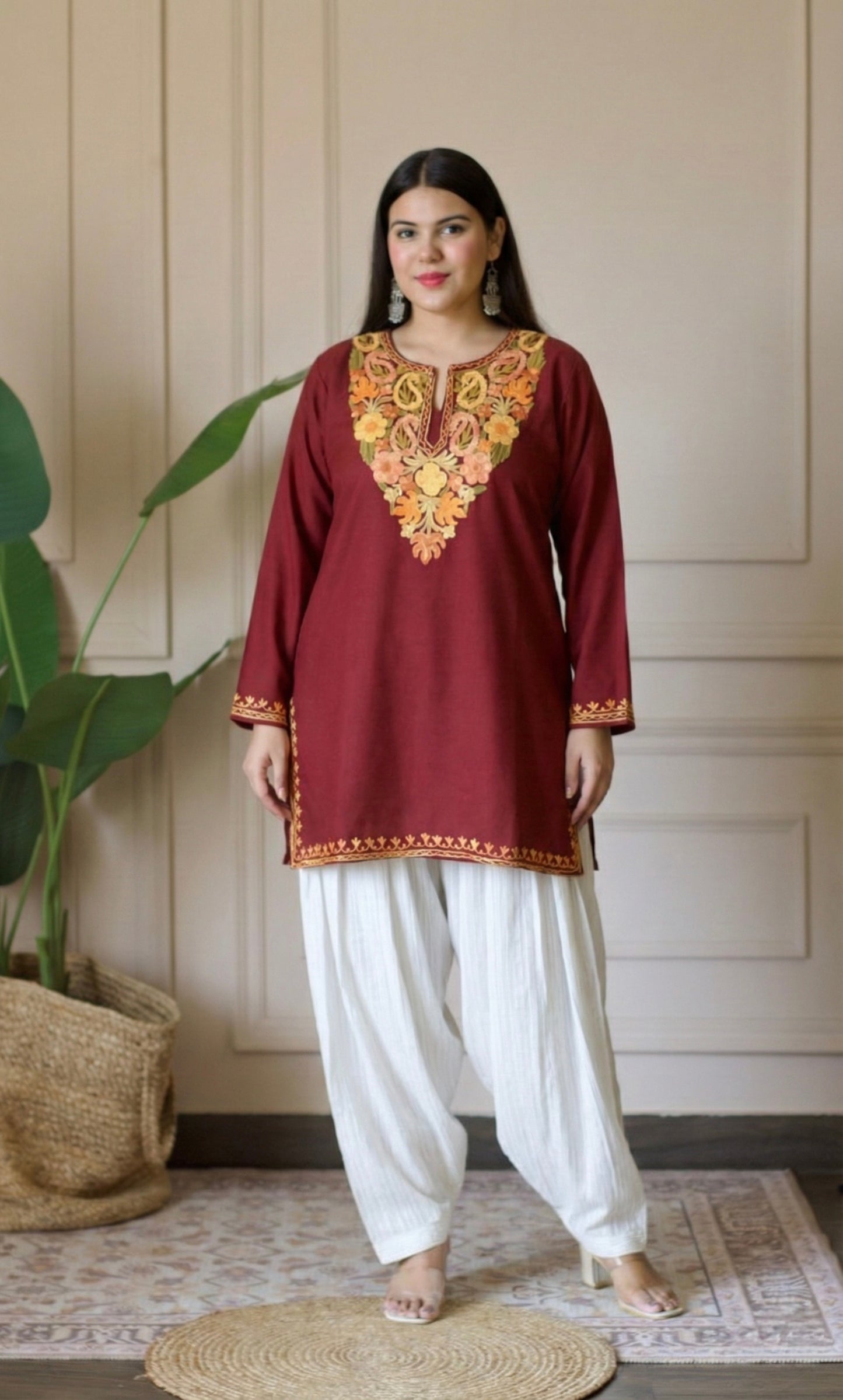 Peach Glow Maroon Kashmiri Aari Embroidered Fine Cashmilon Short Kurti