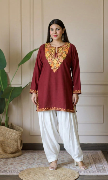 Peach Glow Maroon Kashmiri Aari Embroidered Fine Cashmilon Short Kurti
