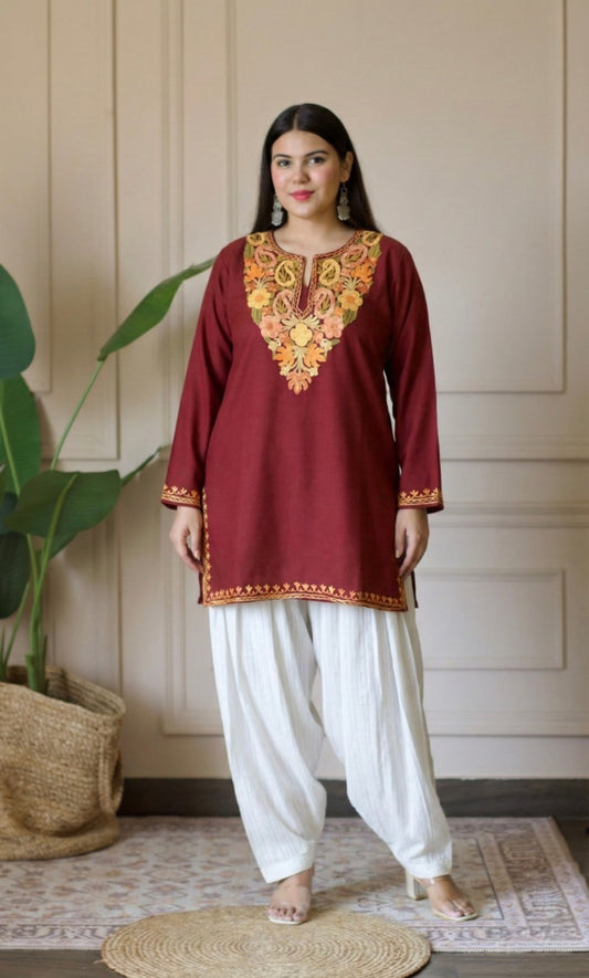 Peach Glow Maroon Kashmiri Aari Embroidered Fine Cashmilon Short Kurti