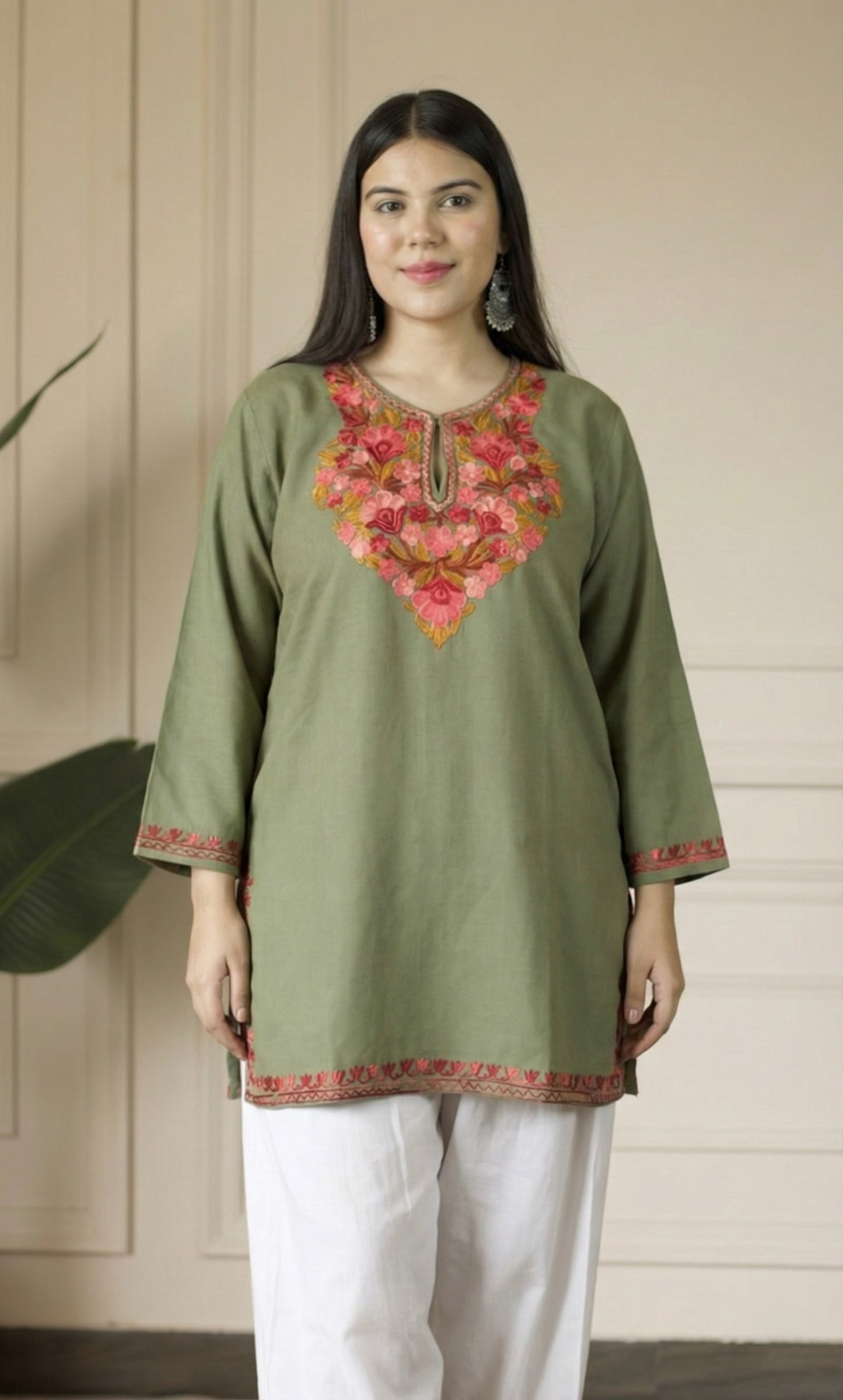 Blush Glow Sage Kashmiri Aari Embroidered Fine Cashmilon Short Kurti