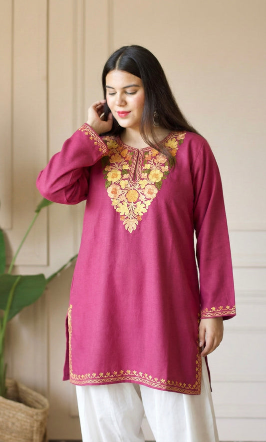 Saffron Glow Pink Kashmiri Aari Embroidered Fine Cashmilon Short Kurti