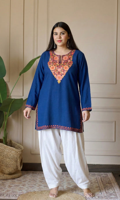 Saffron Glow Blue Kashmiri Aari Embroidered Fine Cashmilon Short Kurti