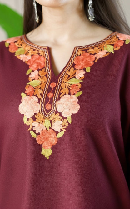 Deep Wine Kashmiri Aari Woollen Co-ord Set - Saffron Glow