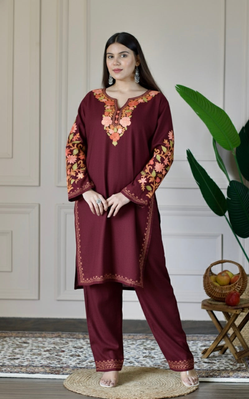 Deep Wine Kashmiri Aari Woollen Co-ord Set - Saffron Glow