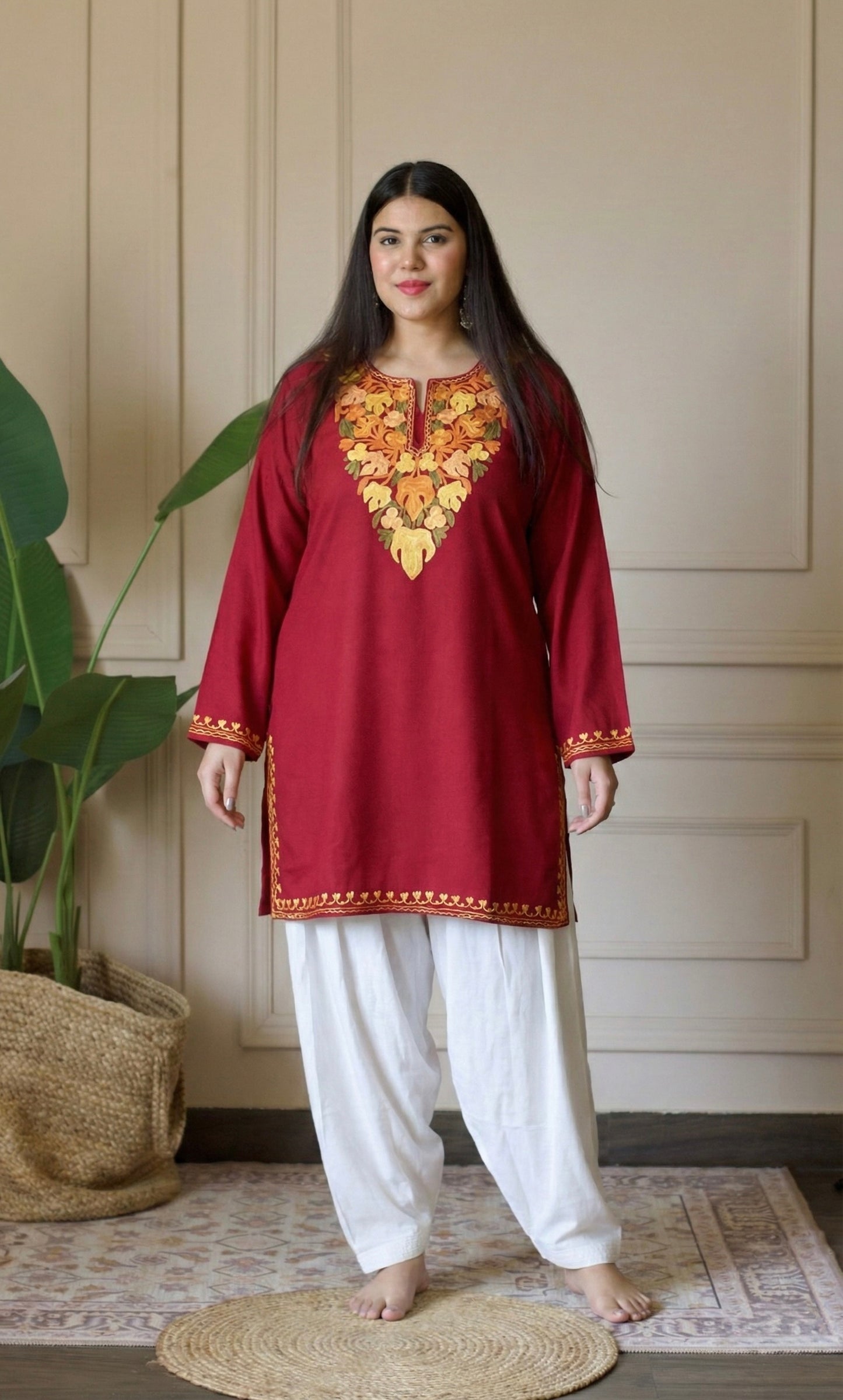 Golden Glow Red Kashmiri Aari Embroidered Fine Cashmilon Short Kurti