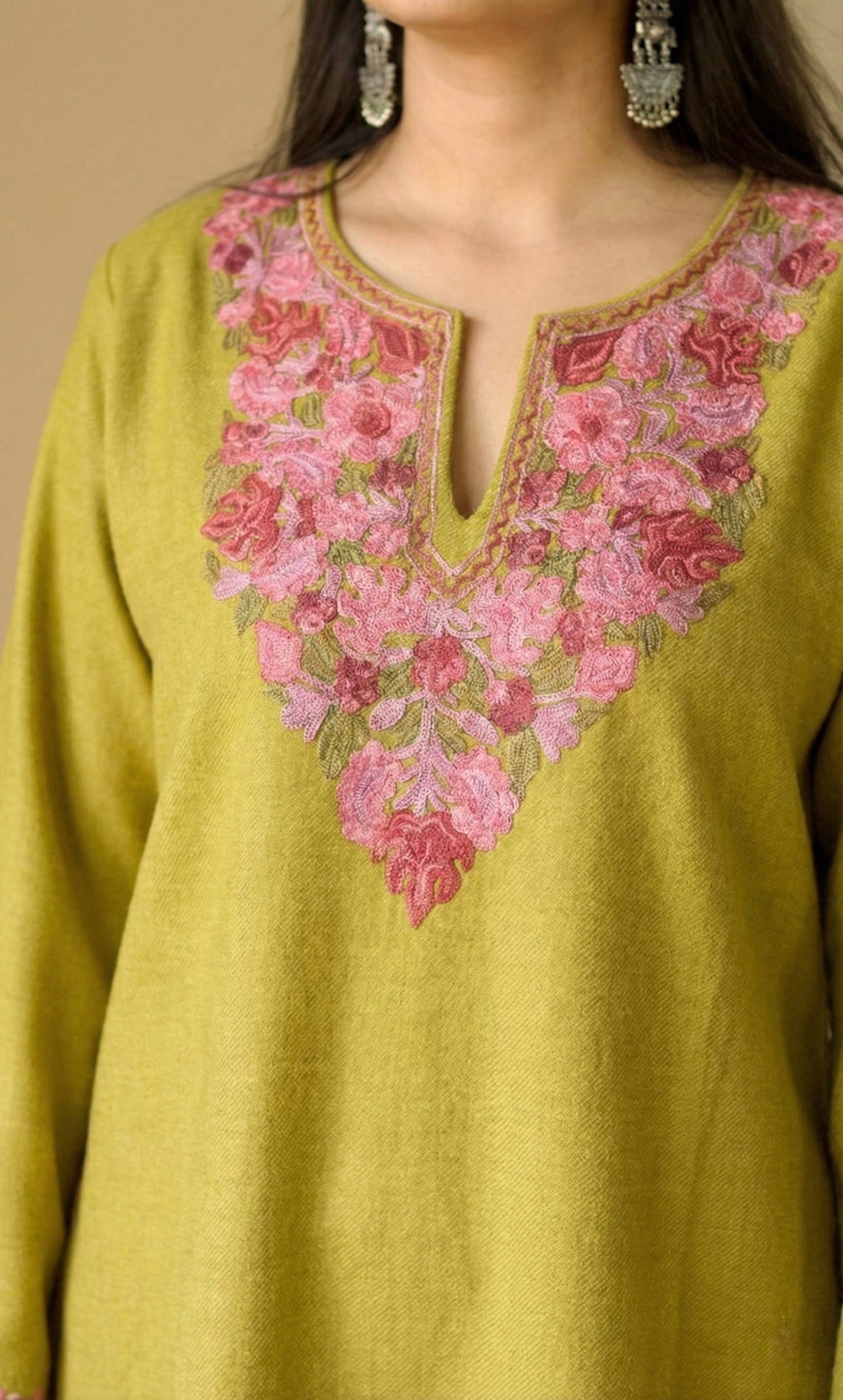 Blush Glow Mustard Kashmiri Aari Embroidered Fine Cashmilon Short Kurti