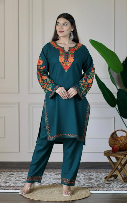 Blue Kashmiri Aari Woollen Co-ord Set - Fiery Sunset