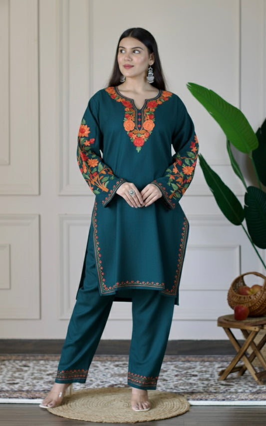Blue Kashmiri Aari Woollen Co-ord Set - Fiery Sunset