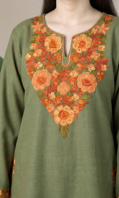 Saffron Glow Sage Kashmiri Aari Embroidered Fine Cashmilon Short Kurti