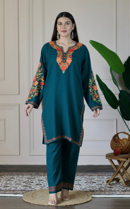 Blue Kashmiri Aari Woollen Co-ord Set - Fiery Sunset