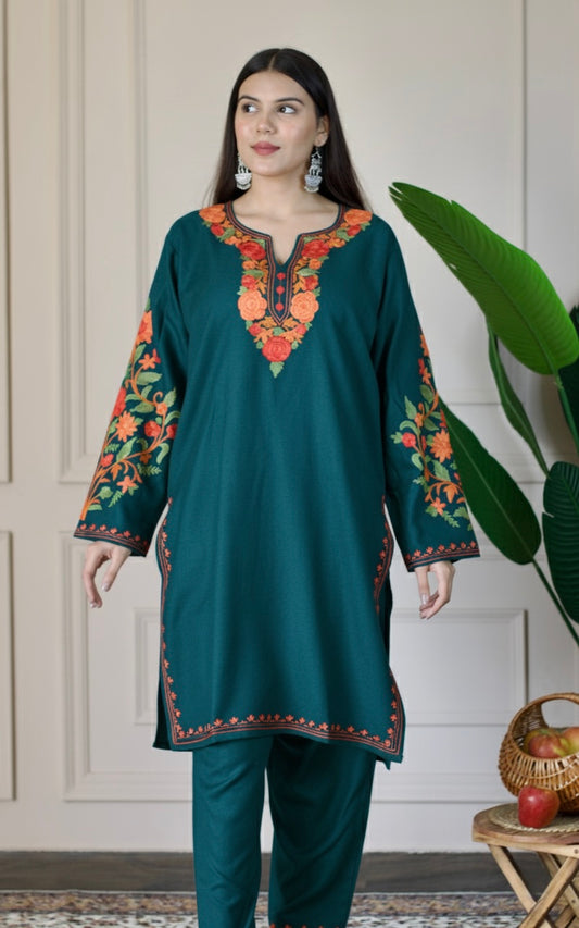 Blue Kashmiri Aari Woollen Co-ord Set - Fiery Sunset