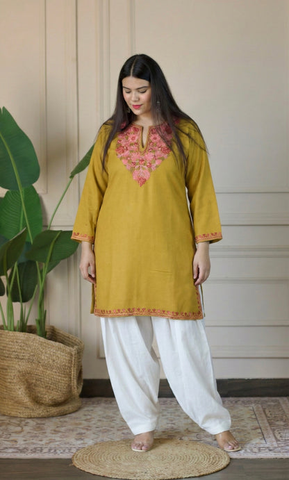 Blush Glow Mustard Kashmiri Aari Embroidered Fine Cashmilon Short Kurti