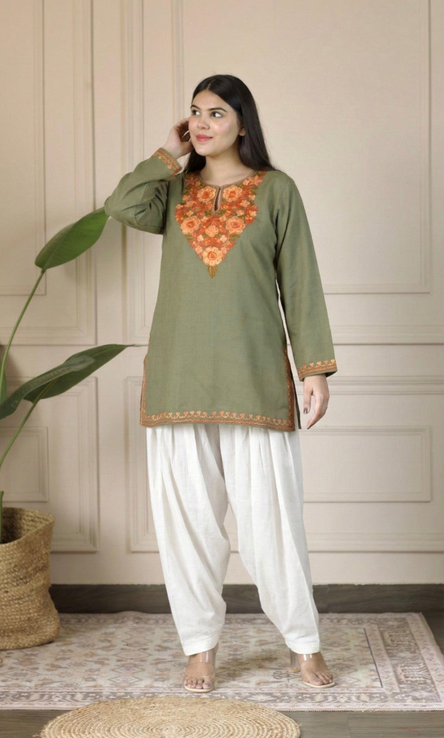 Saffron Glow Sage Kashmiri Aari Embroidered Fine Cashmilon Short Kurti