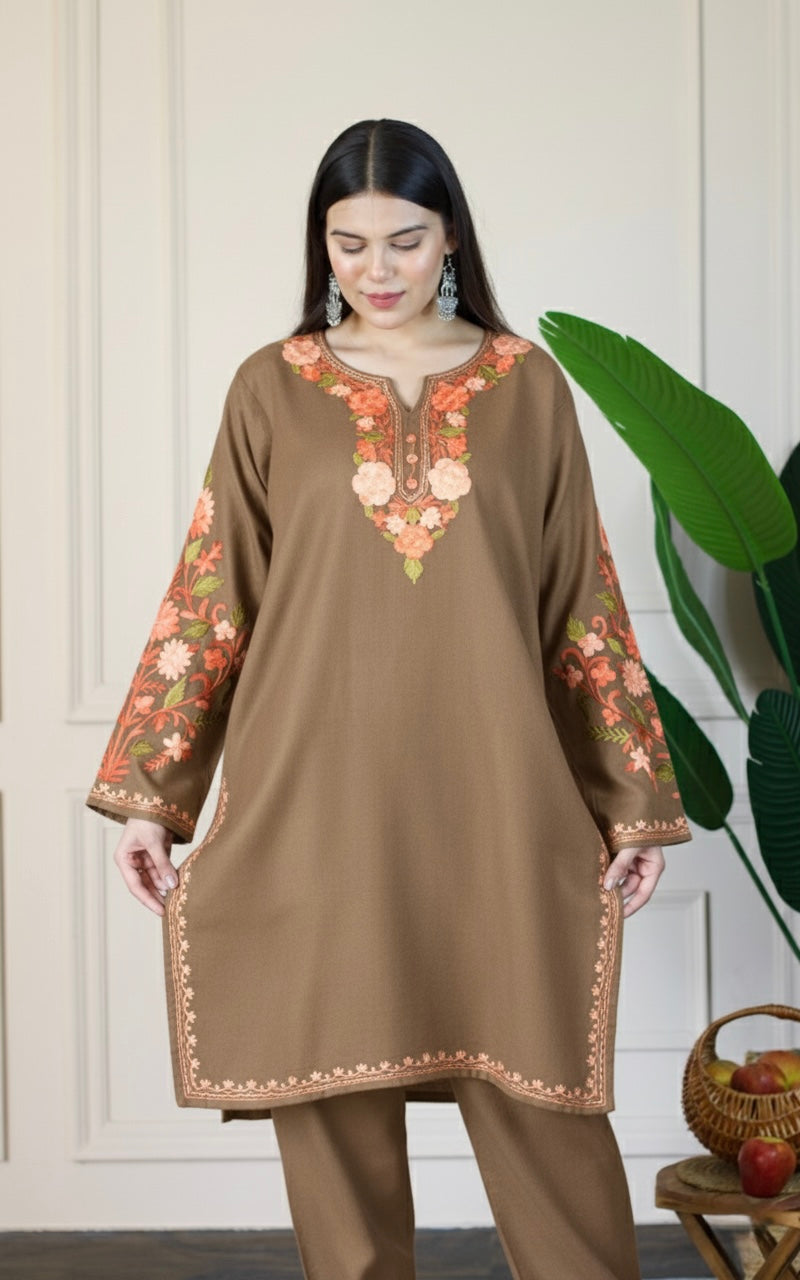 Brown Kashmiri Aari Woollen Co-ord Set - Saffron Glow