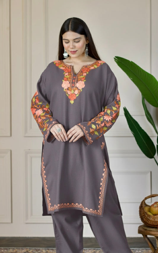 Muted Aubergine Kashmiri Aari Woollen Co-ord Set - Saffron Glow