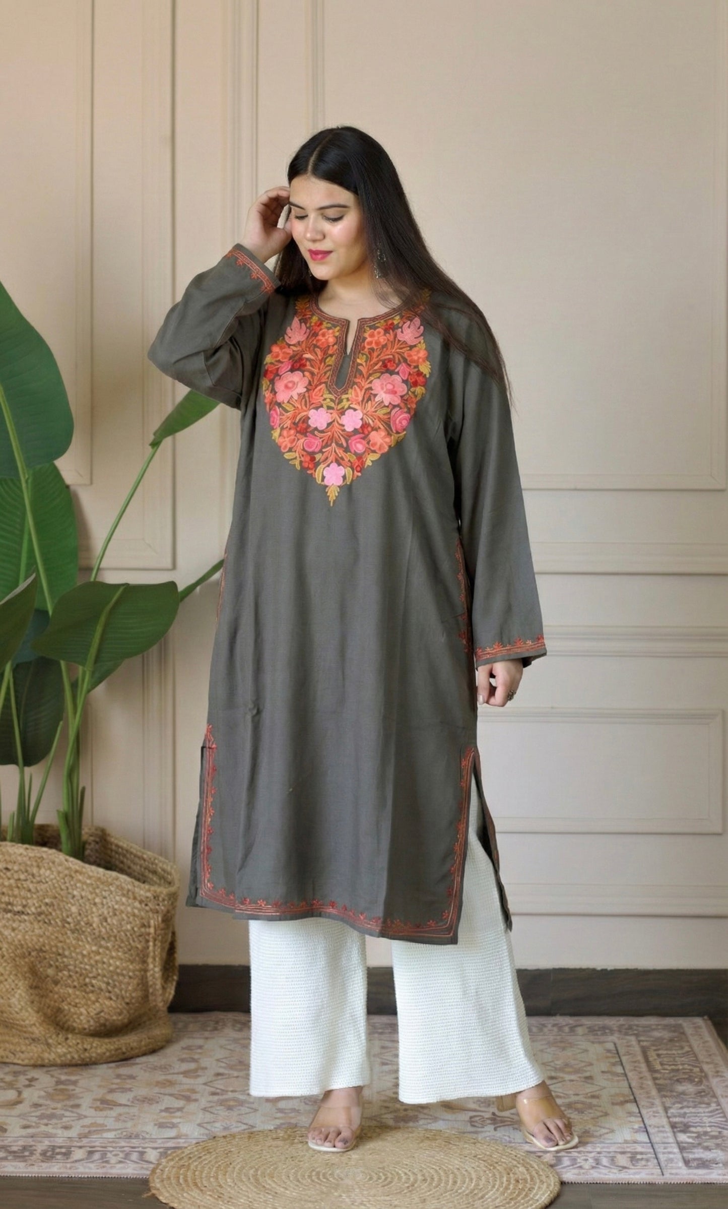Blush Ember Grey Aari Embroidered Fine Cashmilon Pheran