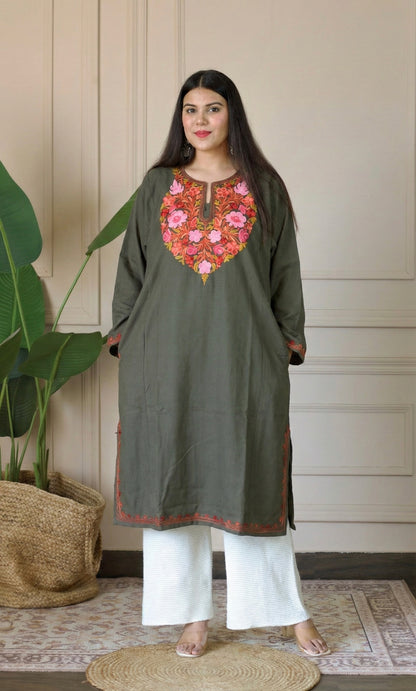 Blush Ember Grey Aari Embroidered Fine Cashmilon Pheran