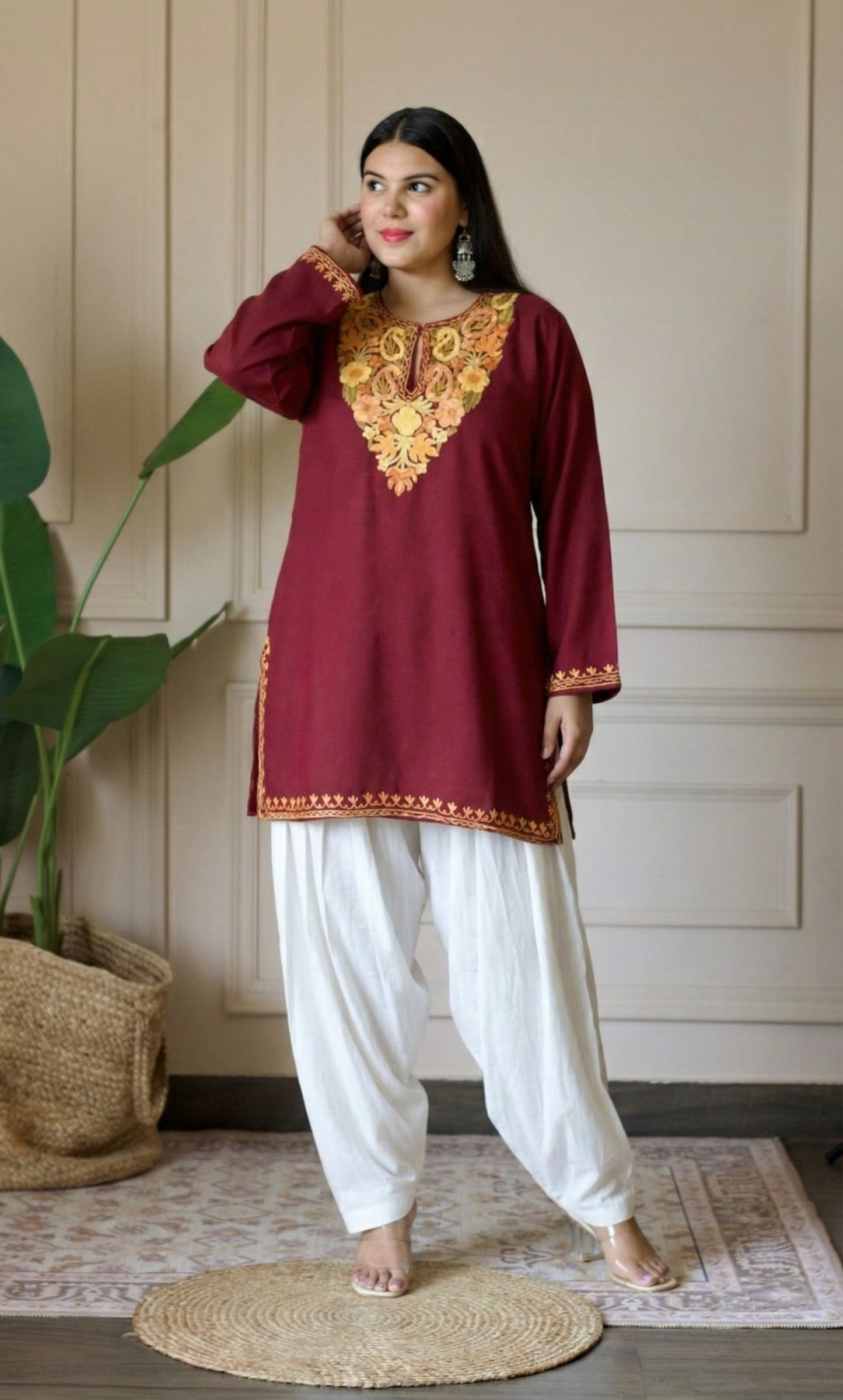 Peach Glow Maroon Kashmiri Aari Embroidered Fine Cashmilon Short Kurti