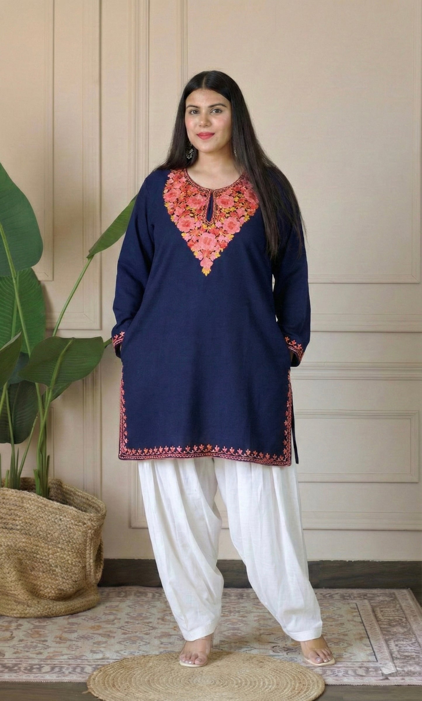 Blush Glow Navy Blue Kashmiri Aari Embroidered Fine Cashmilon Short Kurti