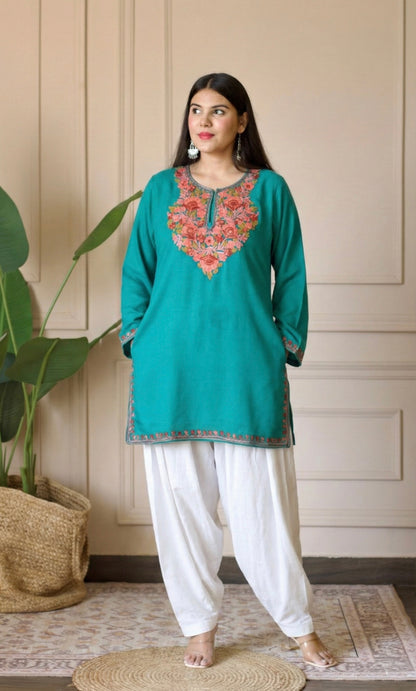 Saffron Glow Sea Green Kashmiri Aari Embroidered Fine Cashmilon Short Kurti