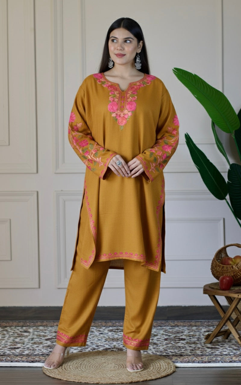 Mustard Kashmiri Aari Woollen Co-ord Set - Blush Bloom