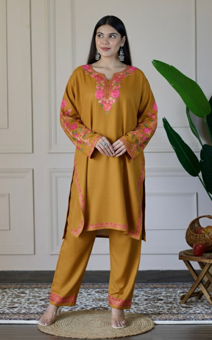 Mustard Kashmiri Aari Woollen Co-ord Set - Blush Bloom