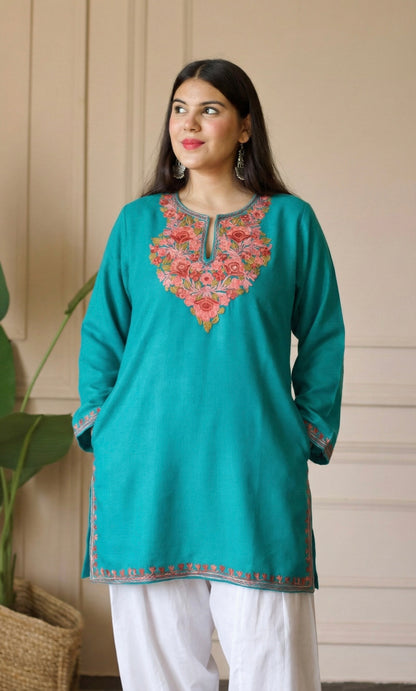 Saffron Glow Sea Green Kashmiri Aari Embroidered Fine Cashmilon Short Kurti