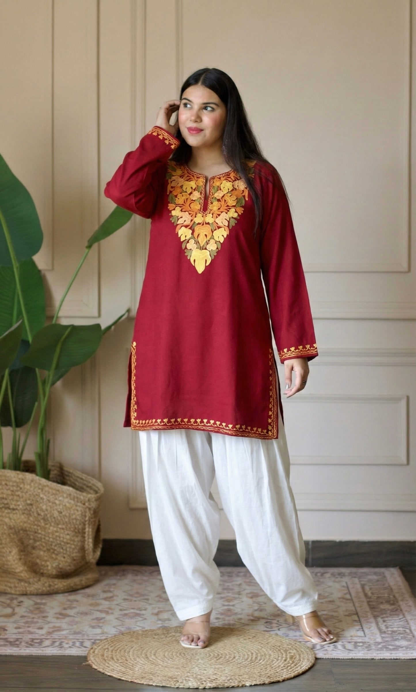 Golden Glow Red Kashmiri Aari Embroidered Fine Cashmilon Short Kurti