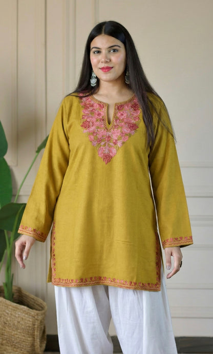 Blush Glow Mustard Kashmiri Aari Embroidered Fine Cashmilon Short Kurti