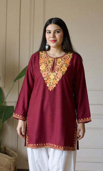 Peach Glow Maroon Kashmiri Aari Embroidered Fine Cashmilon Short Kurti