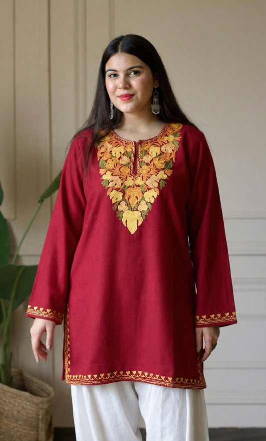 Golden Glow Red Kashmiri Aari Embroidered Fine Cashmilon Short Kurti