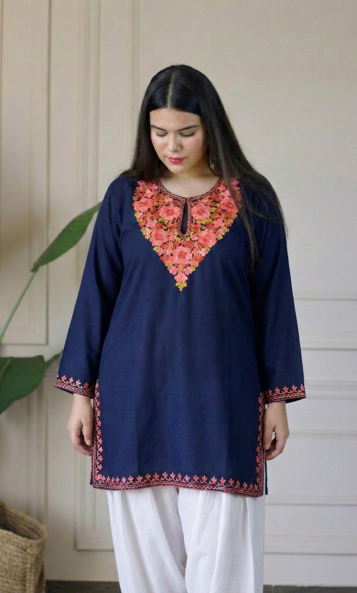 Blush Glow Navy Blue Kashmiri Aari Embroidered Fine Cashmilon Short Kurti
