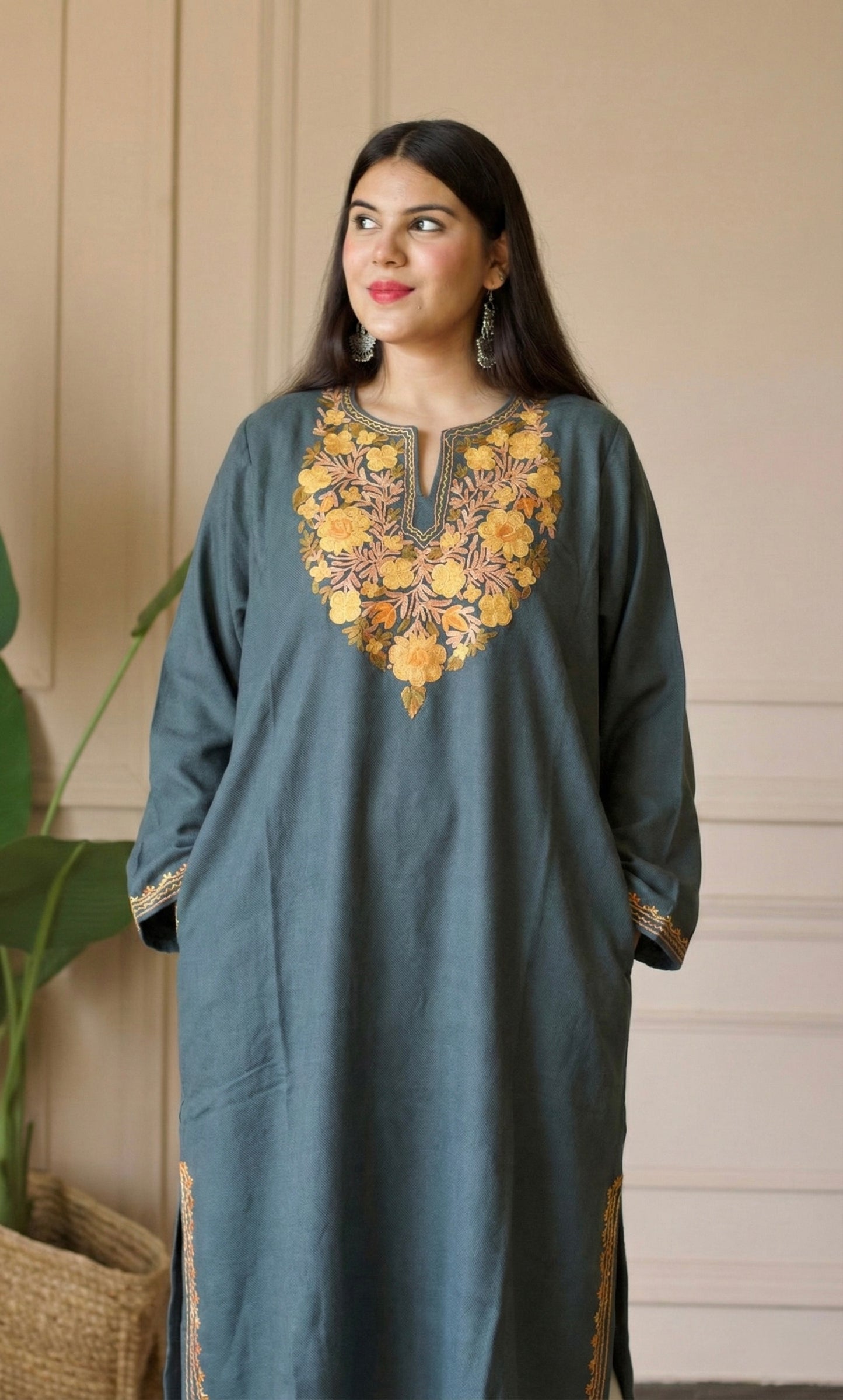 Ash Saffron Bloom Aari Embroidered Fine Cashmilon Pheran