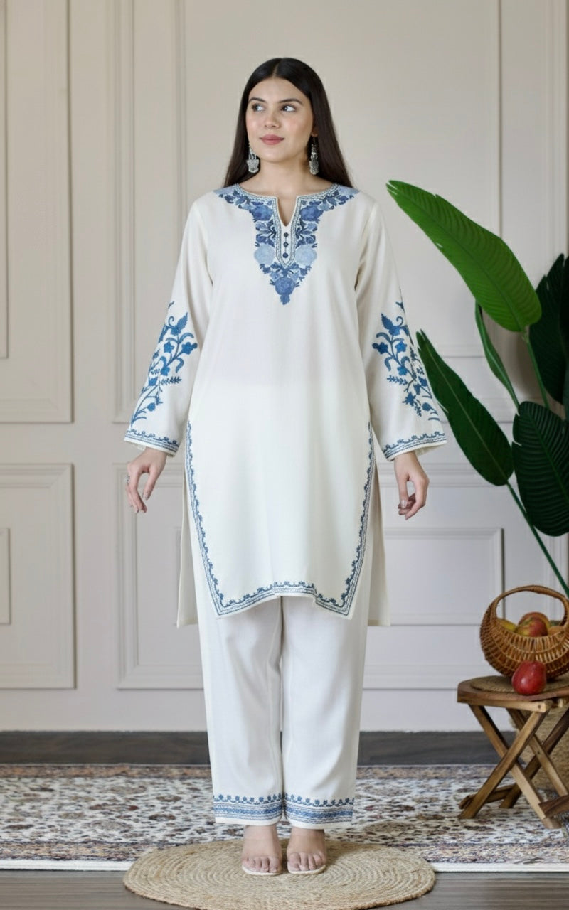White Kashmiri Aari Woollen Co-ord Set - Midnight Mist
