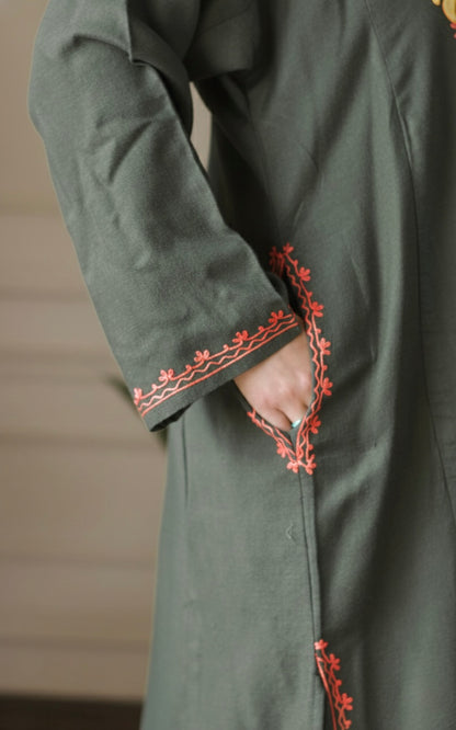 Blush Ember Grey Aari Embroidered Fine Cashmilon Pheran