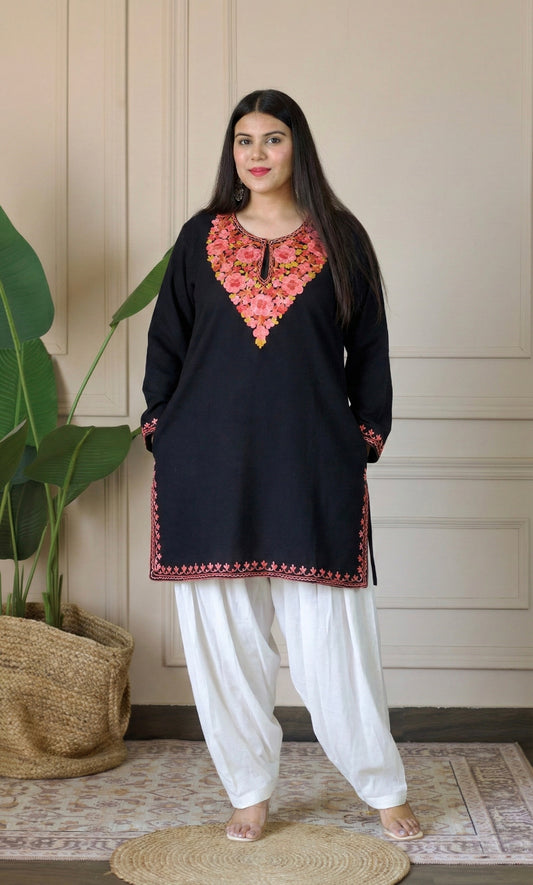 Blush Glow Black Kashmiri Aari Embroidered Fine Cashmilon Short Kurti