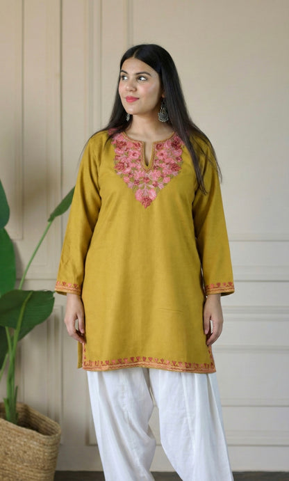 Blush Glow Mustard Kashmiri Aari Embroidered Fine Cashmilon Short Kurti