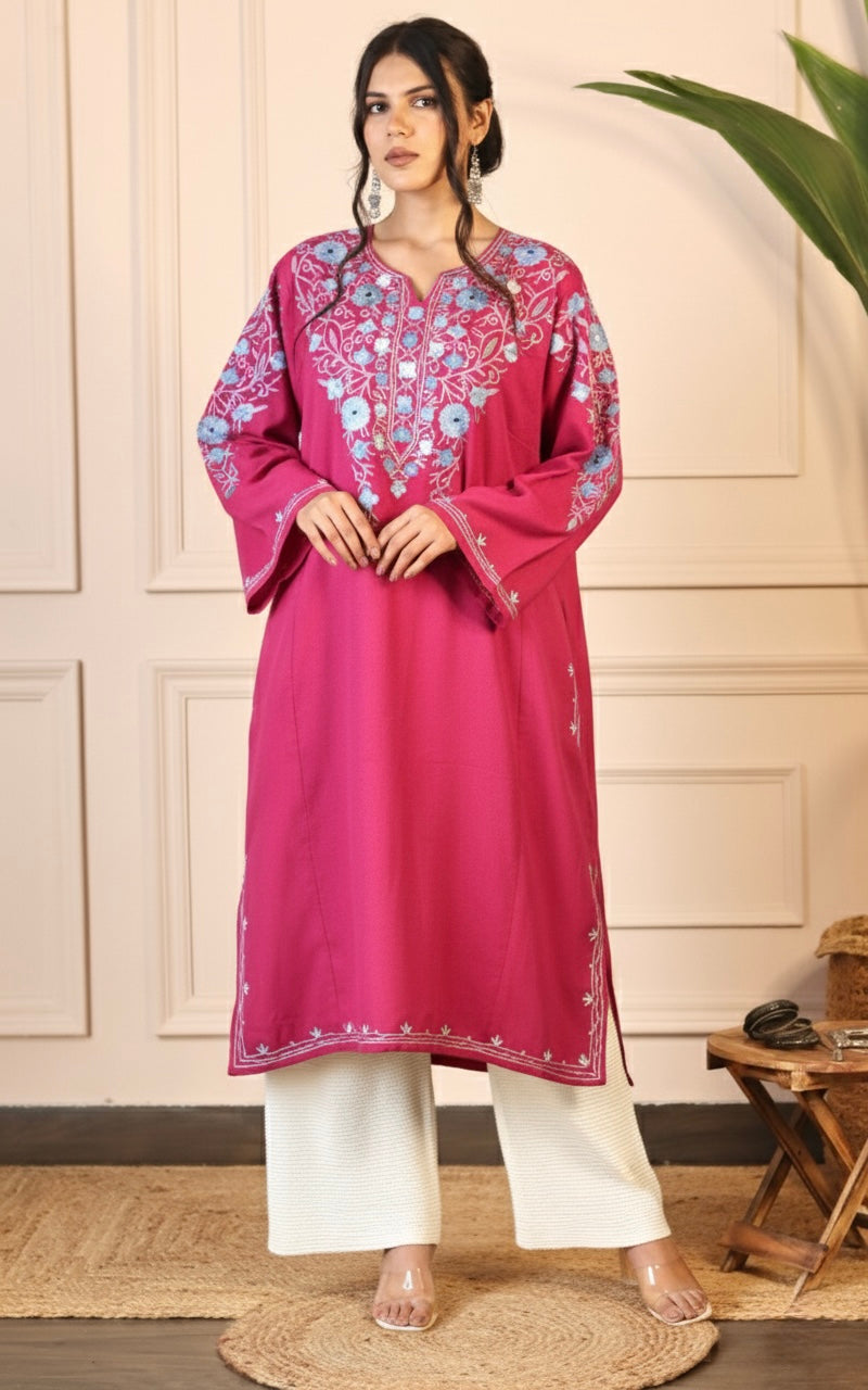 Hot Pink Aari Embroidered Fine Cashmilon Pheran