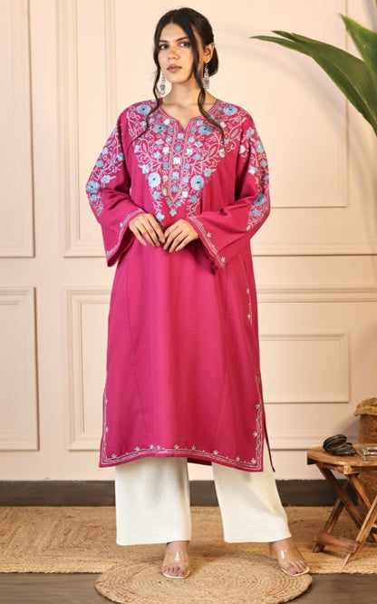 Hot Pink Aari Embroidered Fine Cashmilon Pheran
