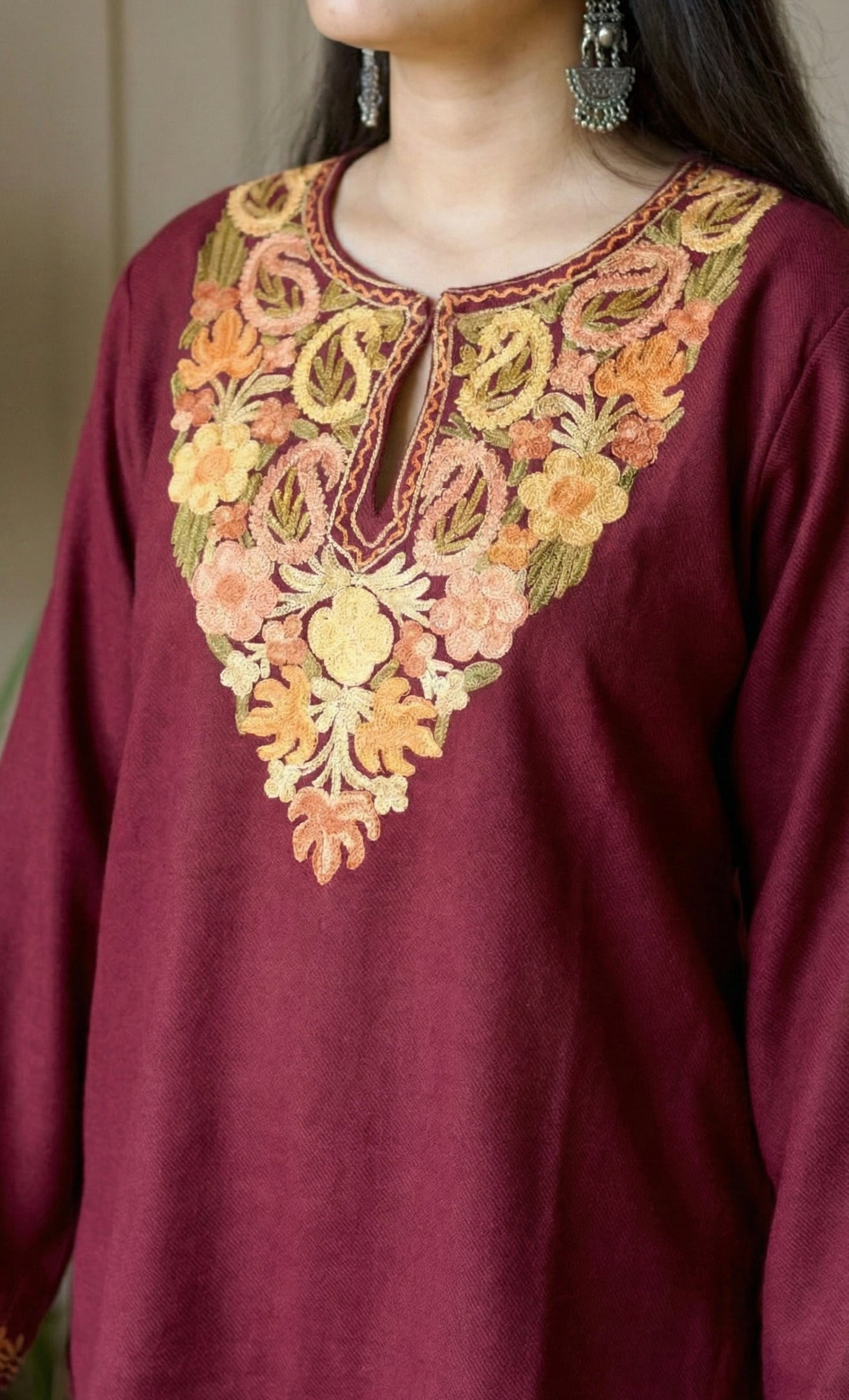 Peach Glow Maroon Kashmiri Aari Embroidered Fine Cashmilon Short Kurti