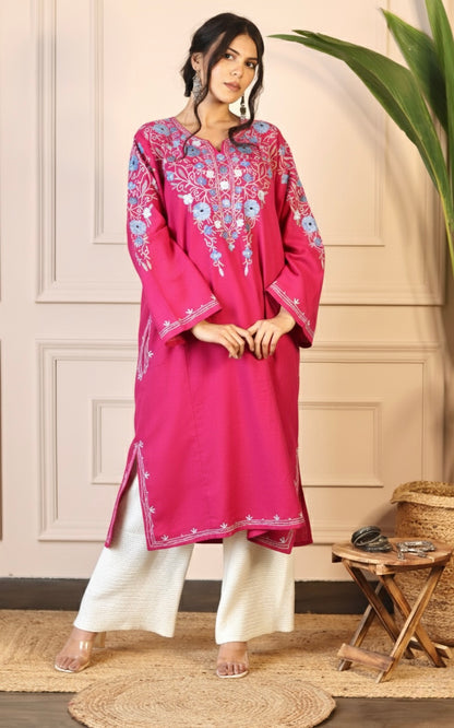 Hot Pink Aari Embroidered Fine Cashmilon Pheran