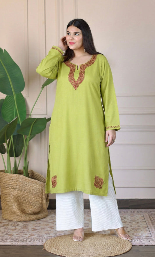 Pistachio Bloom Kashmiri Woollen Sozni Embroidered Kurti