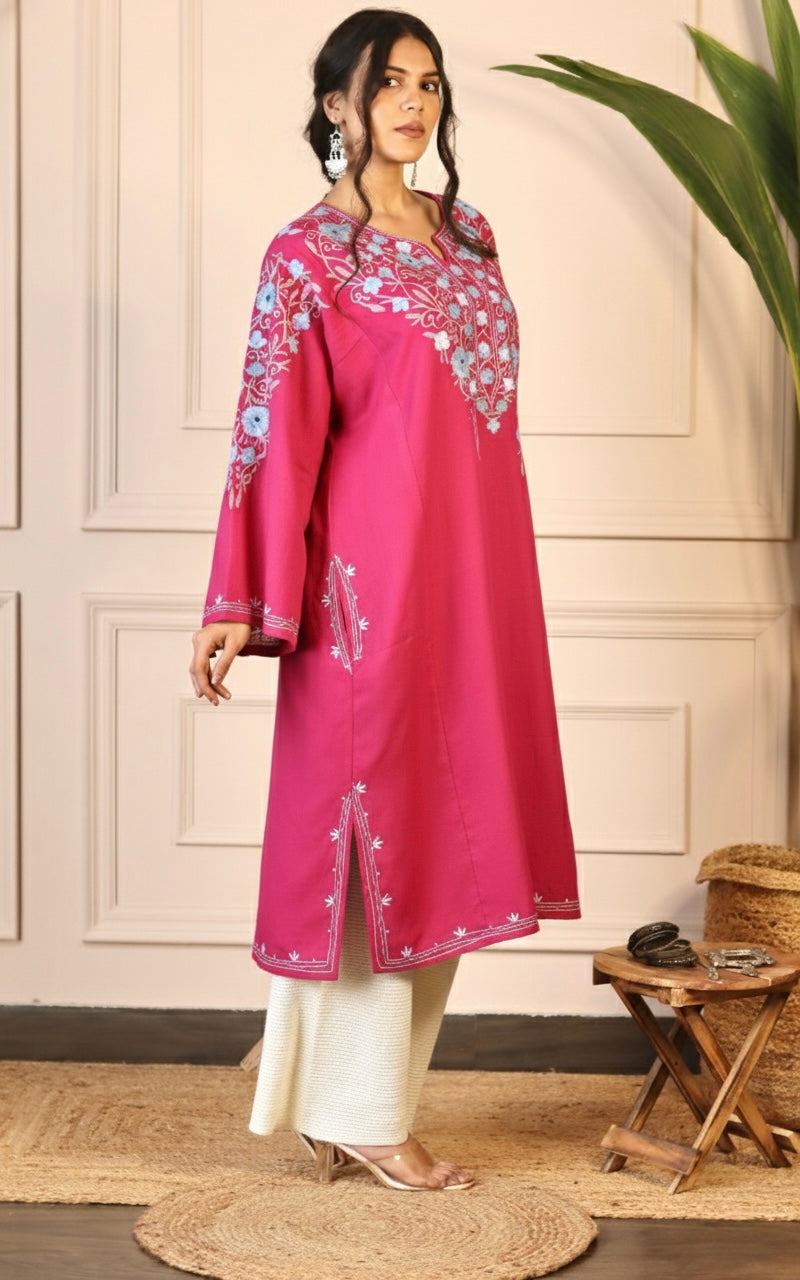 Hot Pink Aari Embroidered Fine Cashmilon Pheran