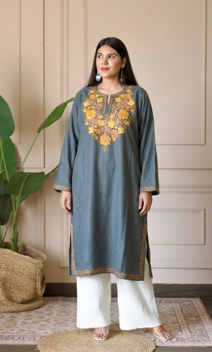 Ash Saffron Bloom Aari Embroidered Fine Cashmilon Pheran