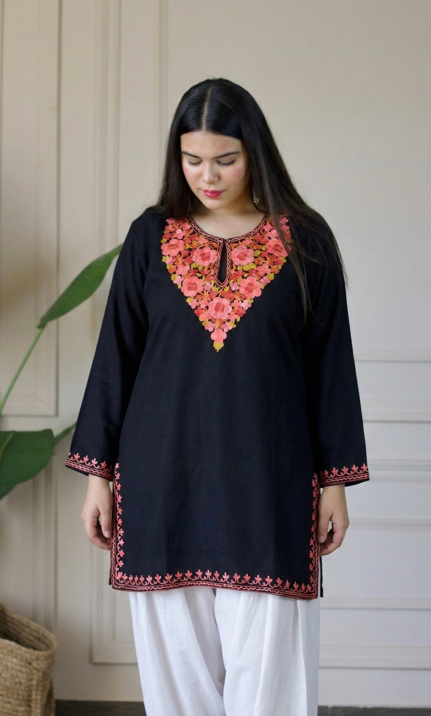 Blush Glow Black Kashmiri Aari Embroidered Fine Cashmilon Short Kurti