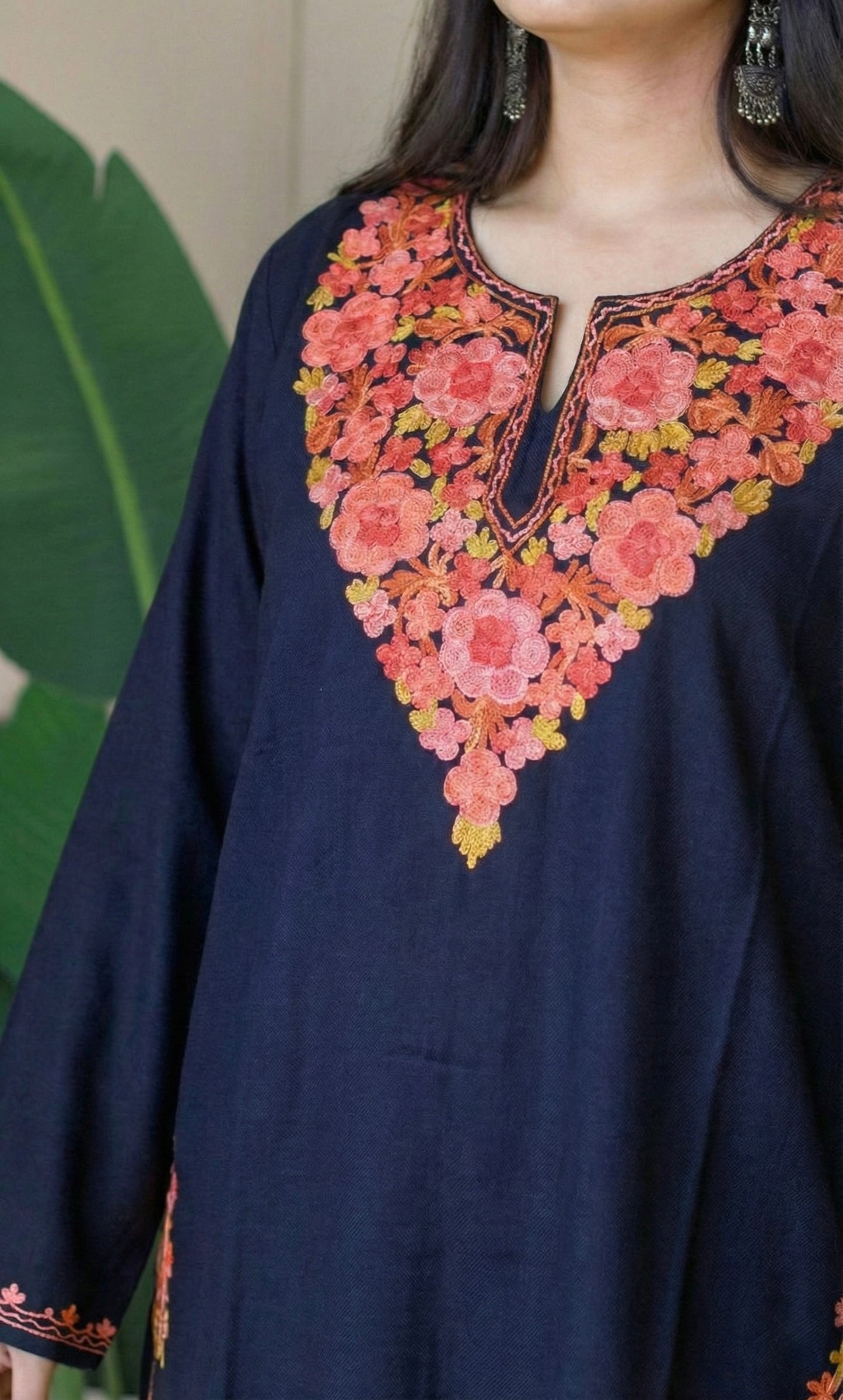Blush Glow Navy Blue Kashmiri Aari Embroidered Fine Cashmilon Short Kurti