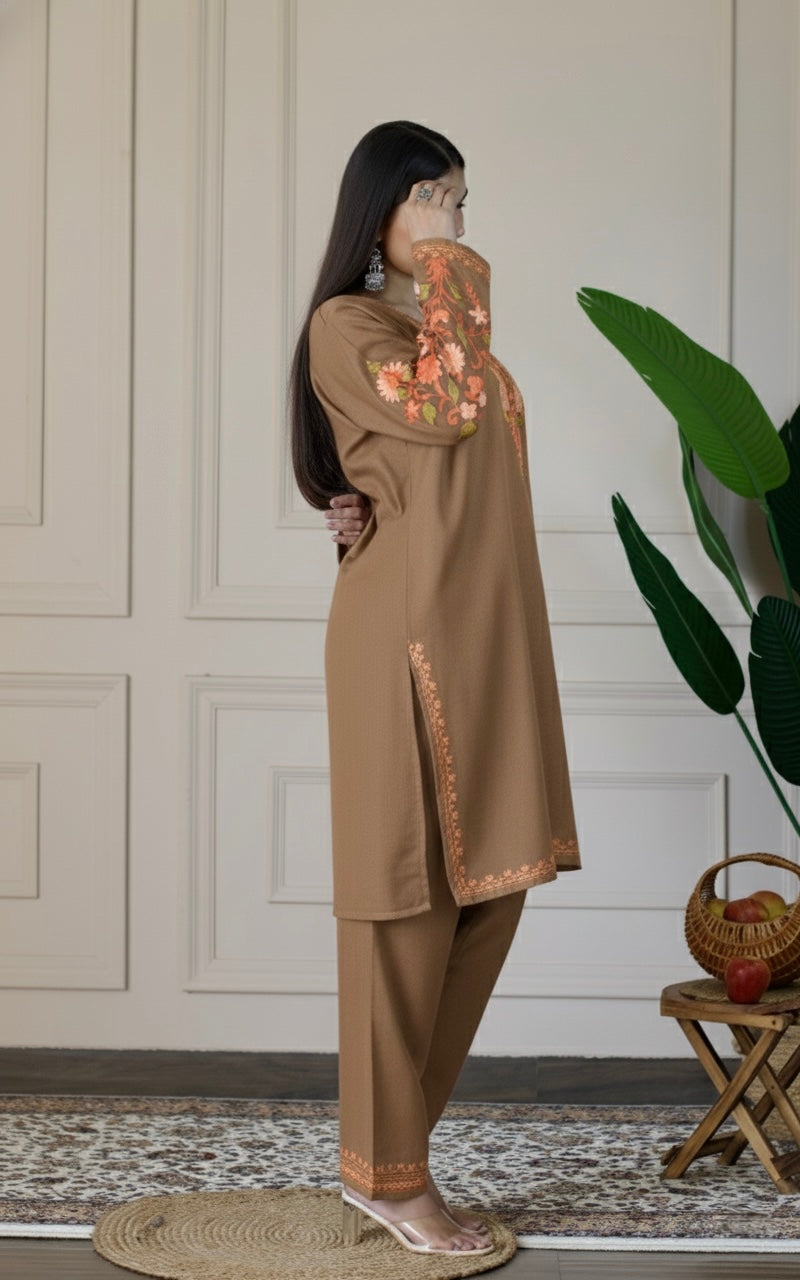 Brown Kashmiri Aari Woollen Co-ord Set - Saffron Glow