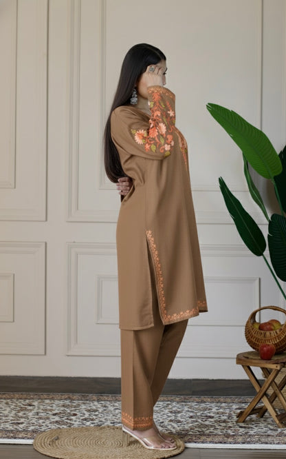 Brown Kashmiri Aari Woollen Co-ord Set - Saffron Glow
