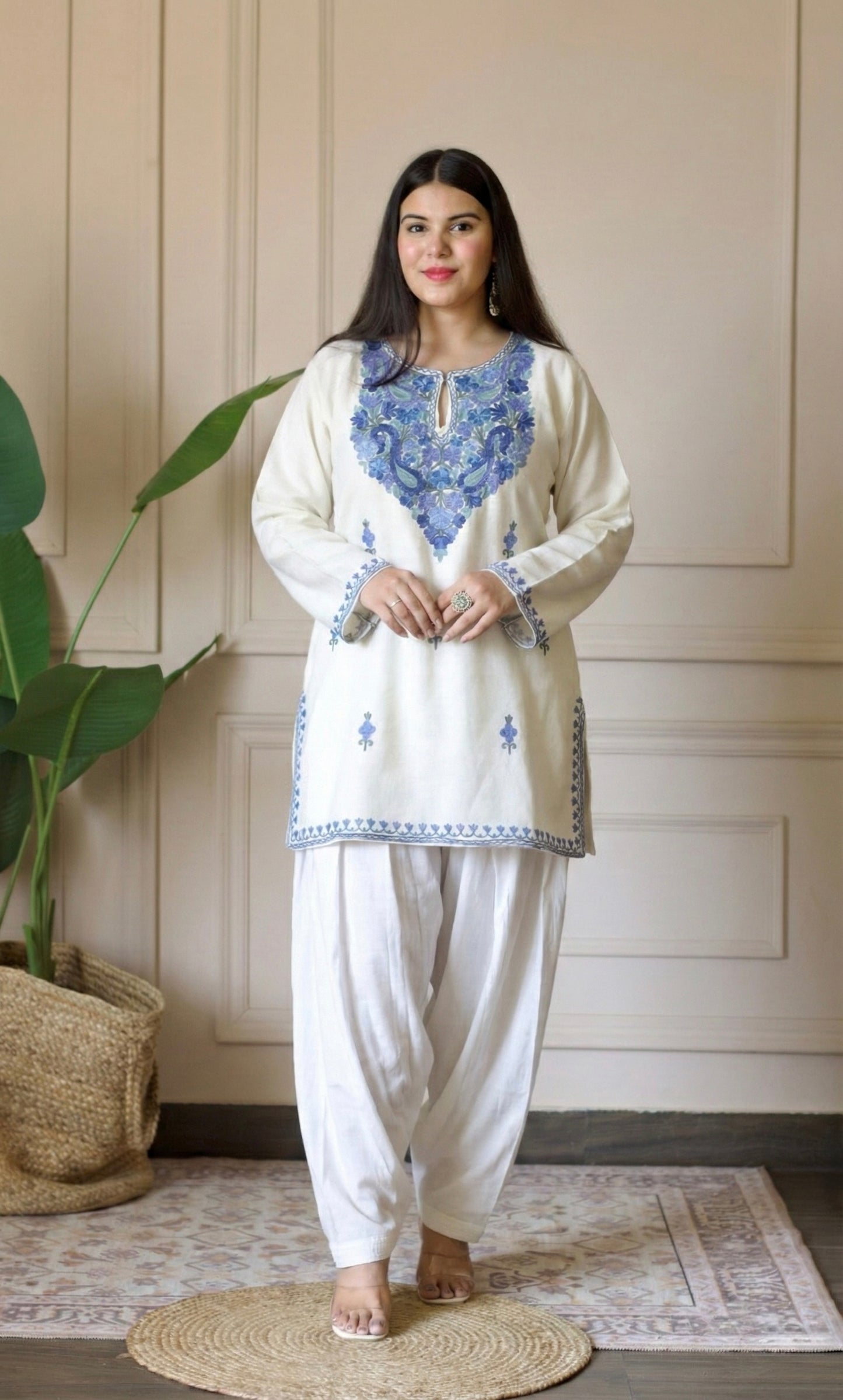Sky Glow White Kashmiri Aari Embroidered Fine Cashmilon Short Kurti